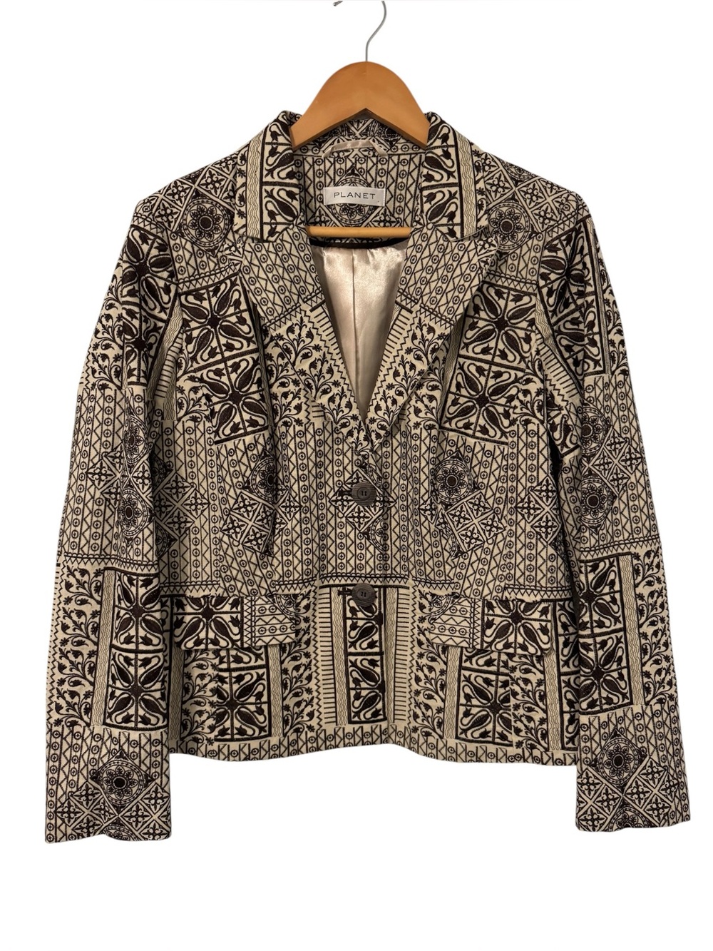 Planet 100% Linen Blazer Jacket Womens 12 Embroidered Boho Floral Tapestry EUC